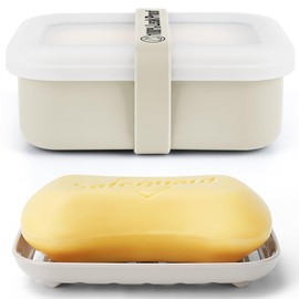 Compact Leakproof Travel Soap Case with Lid & Silicone Strap - Portable Draining Soap Bar Holder for Gym, Bathroom, Camping - Lightweight Silicone Soap Dish Container (Off-White)