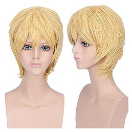 GOOACTION Male Short Straight Fluffy Blonde Bangs Wig for Men Anime Cosplay Costume Synthetic Hair Wigs