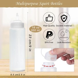 6 Pack Double Scales Condiment Squeeze Bottles with Twist on Caps and Measurement, Leakproof Squirt Reusable Plastic Sauces Oil Container Dispenser for Ketchup, BBQ, Grilling (16 OZ + 12 OZ)