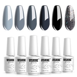 Vishine Classic Gray Serie Gel Nail Polish Set - 6 Different Gray Shades Glitter Polish Kit Popular Nail Art Design Soak Off LED Lamp Manicure Kit