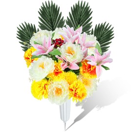 Riceshoot Spring Cemetery Flowers with Grave Vase Silk Artificial Memorial Flower Bouquet Fake Peony Lily Chrysanthemum Flowers Easter Grave Flower for Cemetery Gravesite Headstones Decor(Pink Lily)