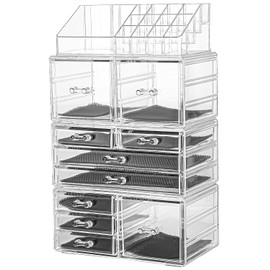 Sooyee Makeup Organizer,Make Up Organizer Stands,Acrylic Makeup Storage 10 Makeup Drawer Organizer for Bathroom, Dresser, Vanity Accessories or Countertop,Clear,4 Pieces Stackable