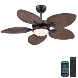 Wiviniya Tropical Ceiling Fans with Lights and Remote/APP Control, 44 Inch Palm Leaf Ceiling Fan with LED Lights, Outdoor Ceiling Fans for Patios Porch, Reversible Quiet Motor, Dimmable, Dark Brown