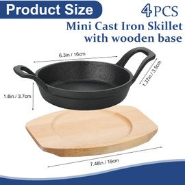 4 Sets Mini Cast Iron Skillet, 6.3 Inch Small Cast Iron Skillets with Wooden Base, Round Mini Pan Fajita Plate Iron Pan Pot, Heavy Duty Cast-iron Cookware for Baking, Frying, Cooking, Serving & More
