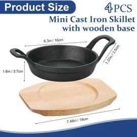 4 Sets Mini Cast Iron Skillet, 6.3 Inch Small Cast Iron Skillets with Wooden Base, Round Mini Pan Fajita Plate Iron Pan Pot, Heavy Duty Cast-iron Cookware for Baking, Frying, Cooking, Serving & More