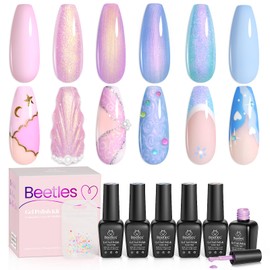 Beetles Pearl Gel Nail Polish Set 6 Colors, Blue Shimmer Gel Polish Pink Purple Mermaid, Nail Drawing Soak Off Uv Led Swirl Gel Polish Shell Thread Gift for Mother