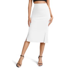Women's Elegant Company Stretchy Bodycon Fishtail Pencil Skirt High Waist Midi Skirts with Slits, White