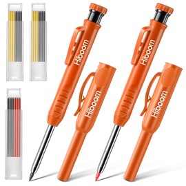 Hiboom 2 Pack Solid Carpenter Pencils with Pencil Cap and 18 Refills, Long Nose Deep Hole Mechanical Pencil Marker, Scribe Tool with Built-in Sharpener for Construction Woodworking Architect (Orange)