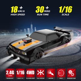 Sakeye Remote Control Car 1/16 2.4GHz 4WD RC Drift Car, Rechargeable 18KM/H+ High Speed RC Cars Racing Car with Spray, Cool Lights, Two Batteries and Extra Tires Toy Car for Kids