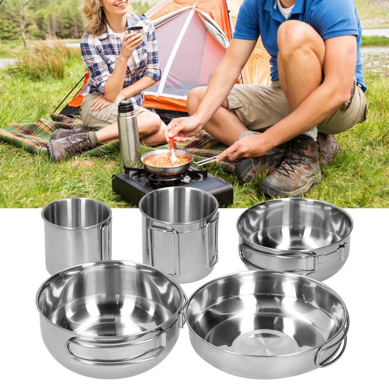 Outdoor Stainless Steel Cookware Set 5‑Piece Camping Portable Cooking Pots