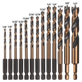 VALYRIANTOOL 13PCS HSS Brad Point Wood Drill Bits Set for Carpenter Woodworking, 1/4" Hex Shank Black Gold for Hardwood, Plywood, Plastic 1/8"-1/2"