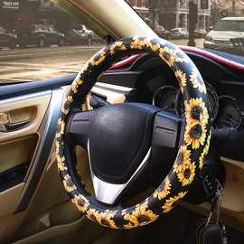 Evankin Sunflower Steering Wheel Cover Cute and Handmade,Leather Universal Steering Wheel Cover 15 inch, Fashionable Boho Sunflower Car Accessories for Women,Top Girl Car Accessories
