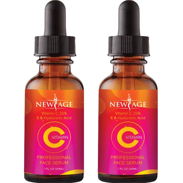 (2-PACK) Vitamin C Serum with Hyaluronic Acid for Face and Eyes - Natural Anti Aging Eye Serum - Facial Serum Fades Age Spots and Sun Damage - By New Age