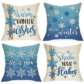 Ussap Hello Winter Snowflake Decorative Throw Pillow Covers 20x20 Set of 4, Warm Winter Wishes Shake Your Hakes Blue Cushion Case Decor, Let It Snow Christmas Holiday Seasonal Home Decoration