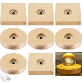 Honoson 8 Pcs Wooden LED Display Base Lighted Base for Crystal Art Wood Display for Glass Art 3D Crystal Warm Light(Round and Square Surface Style)