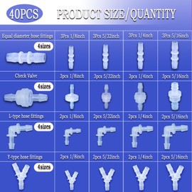 40Pcs Small Fittings kit, 16-Size Plastic Hose Barb Fittings Assortment and Check valve, L Fitting, Y Fitting, one way valve for liquid, Gas, oils tubing（1/8"，5/32"，1/4"，5/16）