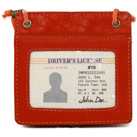 Genuine Cowhide Red Leather 2-Sided ID Badge Holder with Rear Pouch & Matching Lanyard for Men & Women