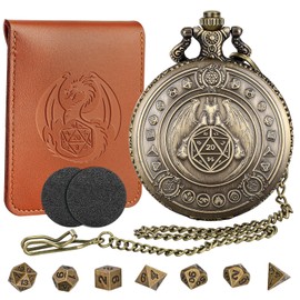 Mini DND Dice Set with Bronze Steampunk Flying Dragon Dice Pocket Watch Shell Case, DND Gifts with Dice Bag, 7pcs Polyhedral Metal D&D Dice Set, DND Starter Set, Role Playing Board Games Accessories