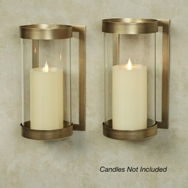 Crosce Satin Brass Metal Wall Sconce Pair | Set of Two | Candleholder Sconces for Bedroom Living Room, Bathroom, Hallway, Entryway | Hurricane Style Glass