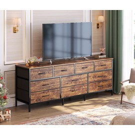 Huuger Huuger 63 Inch Dresser for Bedroom, Long Dresser with 10 Fabric Drawers, TV Stand for 55, 65, 70 Inch TV, Toy Storage Organizer for Closet, Rustic Brown