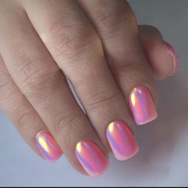 Pink Chrome Press on Nails Short Square Fake Nails Mirror Metal False Nails Full Cover Laser Glossy Acrylic Stick on Nails Solid Color Plating Artificial Nails for Women Girls Manicure 24Pcs