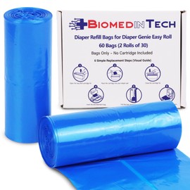 Biomedintech Diaper Refill bags for Diaper Genie Easy Roll – 60 Bags (2x30) – Bags Only, No Cartridge – Max Odor Control – 100% Compatible with Platinum & Signature Pails, Holds 2820 Newborn Diapers