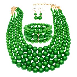 MeliMe Faux Big Pearl Srand Necklaces for Women 5 Layers Pearl Bib Collar Necklace Bracelet and Earrings set 1920s Costume Pearl Jewelry Bridal Wedding gift (green)