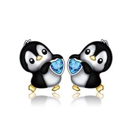 Yearace 925 Sterling Silver Cute Animal Gold Plated Black Penguin Hold Blue Heart CZ Stud Earrings for Women Daughter Birthday Earrings Penguin Lover