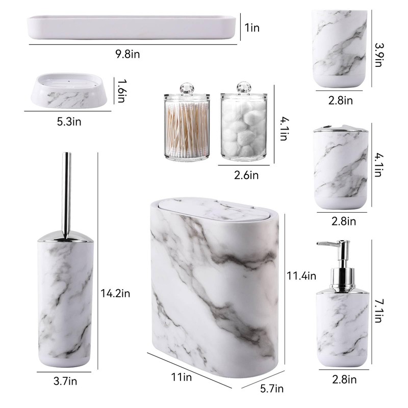 InnJoey Bathroom Accessories Set, 9-Piece Marble White Bathroom Set, White