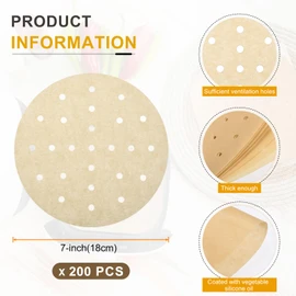 HARFINGTON 200pcs Air Fryer Liners 7 Inch Round Bamboo Steamer Liners with Holes Non-Stick Perforated Parchment Paper Sheets Disposable Steamer Paper for Air Fryers Steaming Basket, Brown