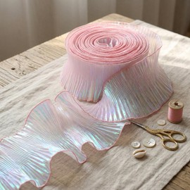 Cinta de tela iridiscente plisada con volantes y ribete de gasa iridiscente de organza, ribete de encaje transparente con volantes para vestir, manualidades, costura (rosa iridiscente)