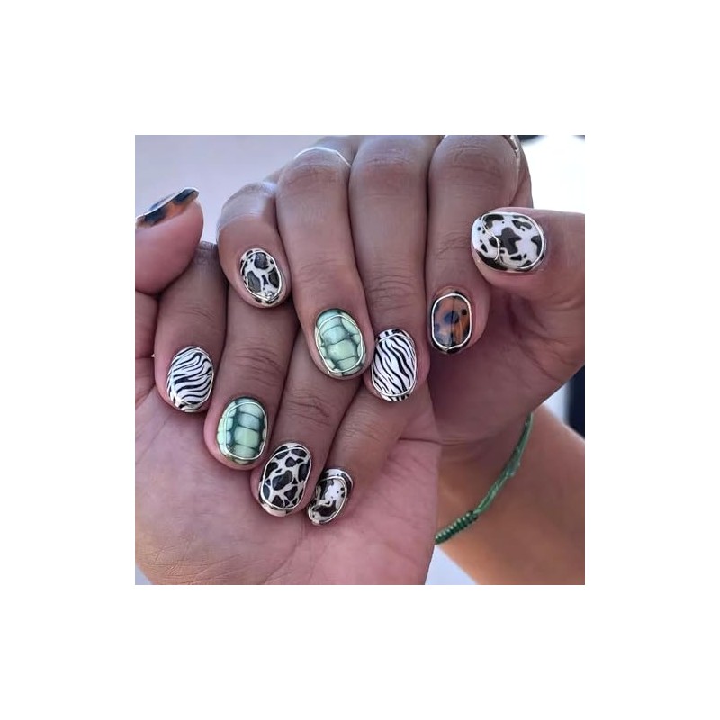 Uñas postizas cortas con diseño de rayas de animales, almendra,