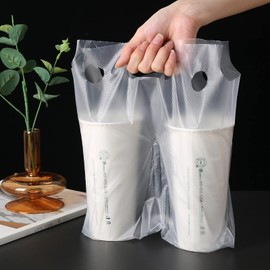 Croerw 100PCS Clear Handle Drink Drinking Poly Plastic Packaging Bags,Drink Carrier, for Delivery Take Out Cup Holder Bar Restaurant Coffee Shop Supplies Cup Carriers （11.8 "x 10.23"