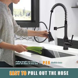 Kitchen Faucet with Pull Down Sprayer, Hurran Commercial Stainless Steel Kithcen Faucets, Single Handle Spring Faucets for Kitchen Sink, Sink Faucet for Farmhouse Wet Bar or RV, Matte Black