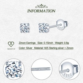 Zircon Earrings Stud 4mm 925 Sterling Silver Studs Earrings for Women Girls Small Stud Earrings Hypoallergenic Silver Ladies Earrings Jewellery Mum Female Friends Wife Sister Daughter Birthday Gifts