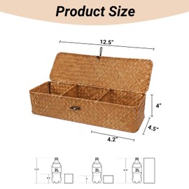 Nonam Seagrass Storage Small Basket with Lid - 3-Section Divided Organizer for Tea,Sugar,Coffee,Tampons - Woven Shelf Bin for Closet, Toilet Tank - Rectangular Narrow Boho Basket Home Decor