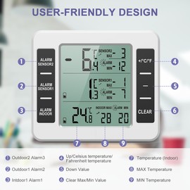 OQIMAX Fridge Thermometer, Freezer Thermometer with Alarm, Digital Fridge Thermometer with 2 Sensors, Thermometer for Indoor and Outdoor Use with Temperature Alarm, Min./Max.