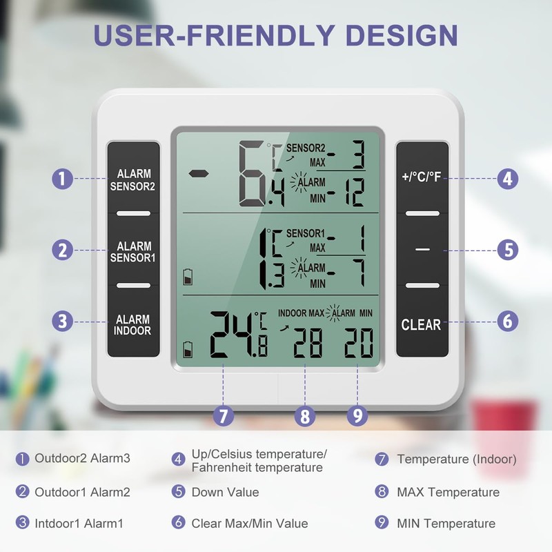 OQIMAX Fridge Thermometer, Freezer Thermometer with Alarm, Digital Fridge Thermometer