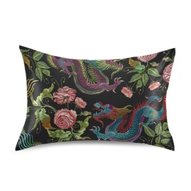 Blueangle Embroidery Chinese Dragon Satin Pillowcase for Hair and Skin Silk Pillowcase, Standard Size(20x26 inches) - Slip Cooling Satin Pillow Covers with Envelope Closure