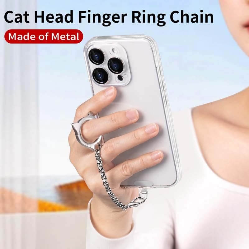 Metal Cat Head Phone Finger Grip Ring Chain Lanyard Keychain