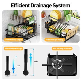 Dish Drying Rack, Larger Multifunctional 2-Tier Dish Racks for Kitchen Counter,Dish Rack with Drainboard & Mat,Dish Drainer with Knife,Fork&Cup Rack, Gifts for Women,Mothers Day&Kitchen Gadgets ﻿