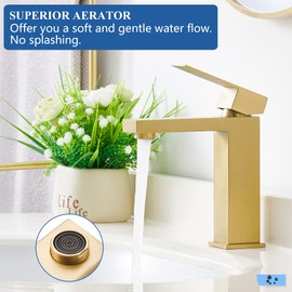 Tohlar Gold Bathroom Faucet, Brushed Gold Faucet for Bathroom Sink, Gold Single Hole Bathroom Faucet Modern Single Handle Vanity Basin Faucet with Overflow Pop Up Drain Stopper and Water Supply Lines