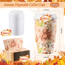 Pickmesh 50 Set 12oz Fall Coffee Cups Sets Pumpkin Maple Leaves Autumn Thanksgiving Disposable Coffee Cups with Lids, Sleeves and Stirrers Paper Drinking for Fall Party Supplies