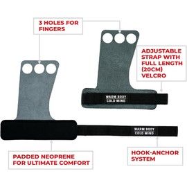 WARM BODY COLD MIND Leather Hand Grips - 3 Finger, for Weightlifting, Gymnastics, Crossfit, Functional Training, Pull-Up Gloves, with Full Palm/Hand Protection to (Basic, Graphite, XL)