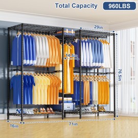 Ulif E12 Clothes Rack，Heavy Duty Freestanding Garment Rack with Shelves，Metal Clothing Closet Storage System for Hanging Clothes，71" W x 16" D x 76.5" H, Hold 960 lbs，Black