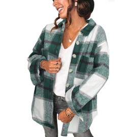 Womens Shacket Jacket with Pockets Casual Collared Long Sleeve V Neck Button Down Comfort Flannel Classic Plaid Shirts Green Small