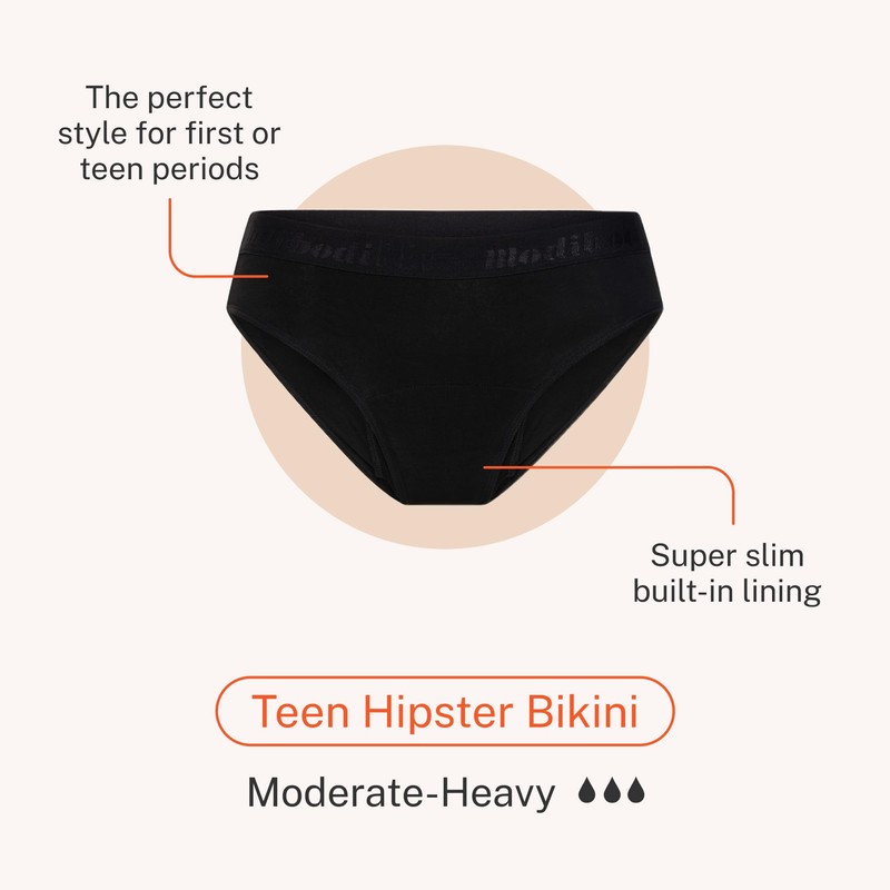 Modibodi Girls hipster black Bikini Period pants Moderate to heavy