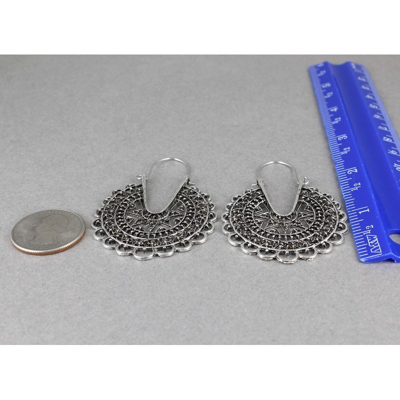 antiqued Silver earrings hoops filigree medallion door knocker hoop huggie