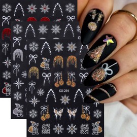 ONPRESS 9Sheet Christmas Nail Stickers Red Gold Silver Glitter Nail Art Stickers Xmas Tree Snowflake Bow Nail Decals Snowman Elk Star Red Wine Glass 3D Self-Adhesive Nail Supplies for Manicure Decor