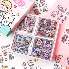 FANNAS Kawaii Stickers 100 Sheets Mini Cartoon Girl Stickers Cute Figure Sticker Set Scrapbooking PET Transparent Scrapbook Stickers, Aesthetic Stickers for Journaling, Calendar, DIY Crafts